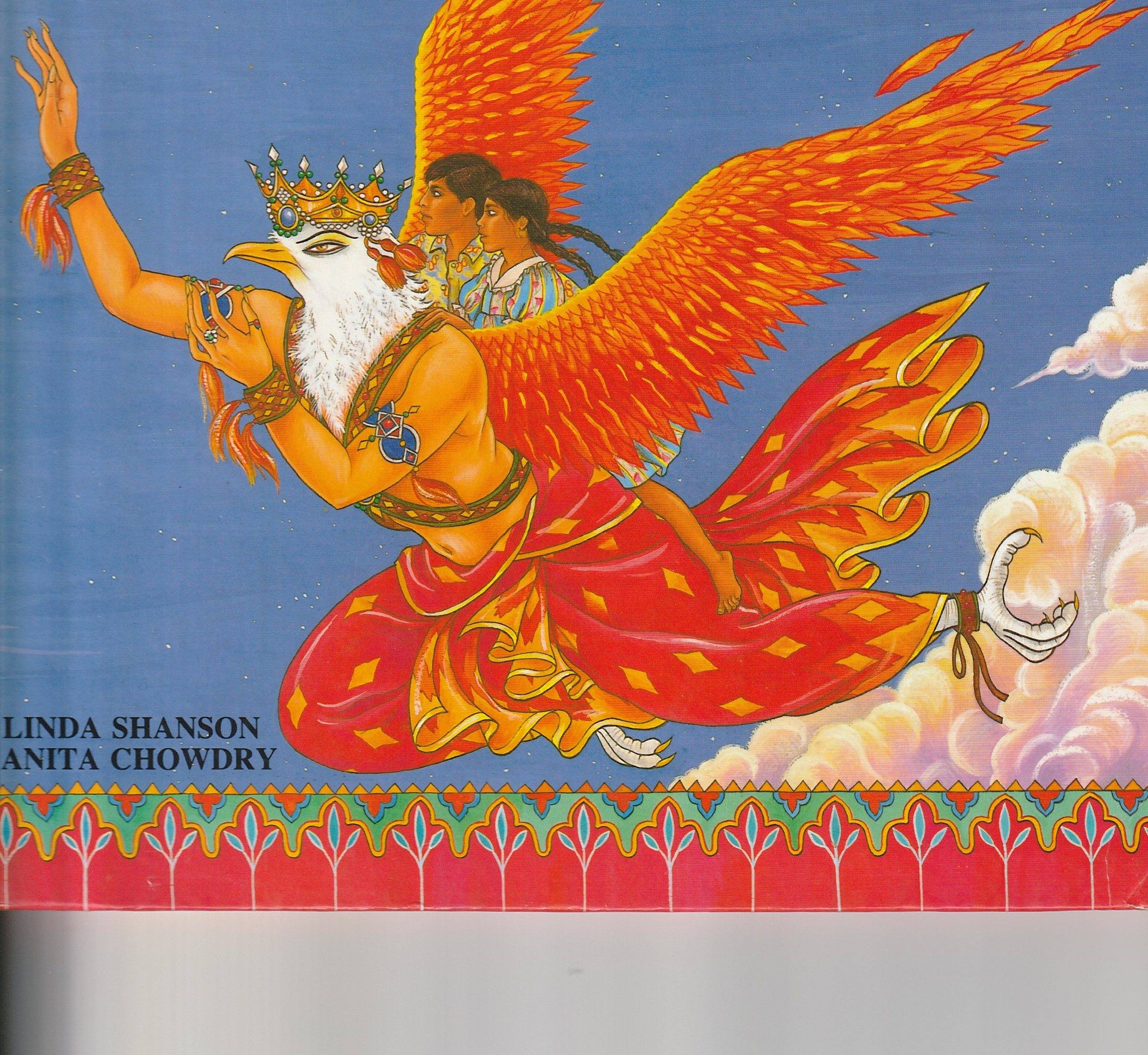 Illustration of Garud carrying two children through the sky, from Journey With The Gods